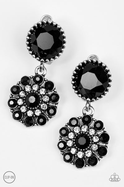 Glittering Gardenia -  Black Clip Earrings